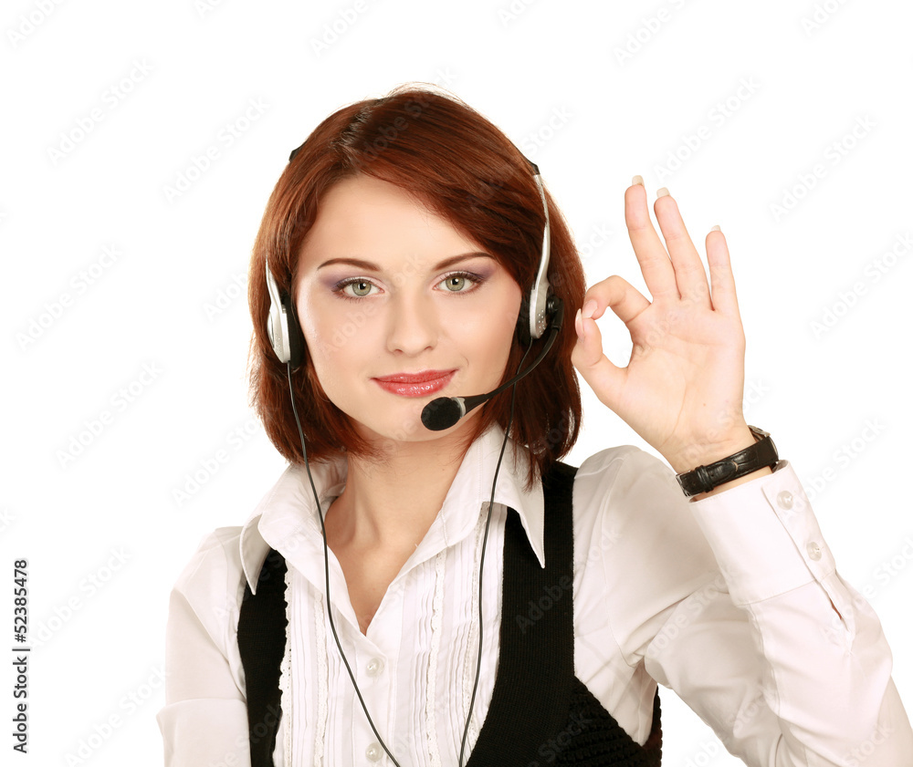 Woman with headset showing OK , isolated on white background Woman with headset showing OK , isolated on white background