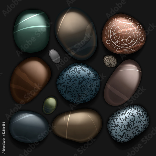Stones pebble collection isolated on black, vector Eps10 image.