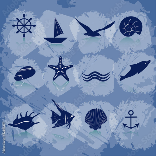 Icons sea and marine life in blue. EPS 10