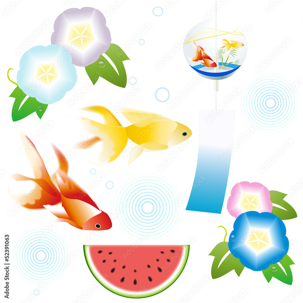 夏 和小物 朝顔 金魚 風鈴 すいか Stock Vector Adobe Stock