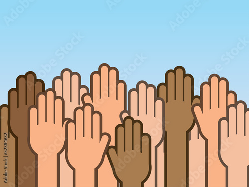 Many hands raised up into the air