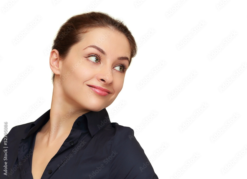 Smiling business woman looking on empty copy space isolated on w Smiling business woman looking on empty copy space isolated on w
