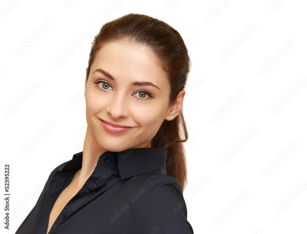 Smiling business woman looking happy isolated on white backgroun Smiling business woman looking happy isolated on white backgroun