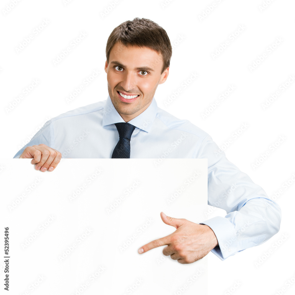 Businessman showing blank signboard, isolated Businessman showing blank signboard, isolated