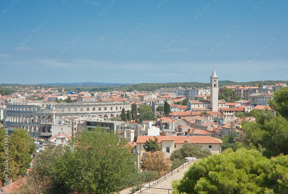 View of the city and the bay from the hill Kastel. Pula. Croatia