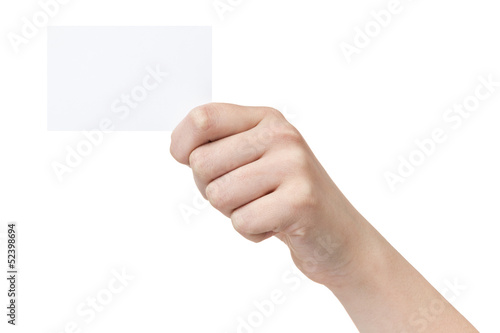 female teen hand showing blank paper card photo