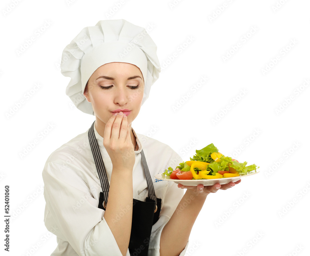 Pretty cook chief holding salad, isolated on white background Pretty cook chief holding salad, isolated on white background
