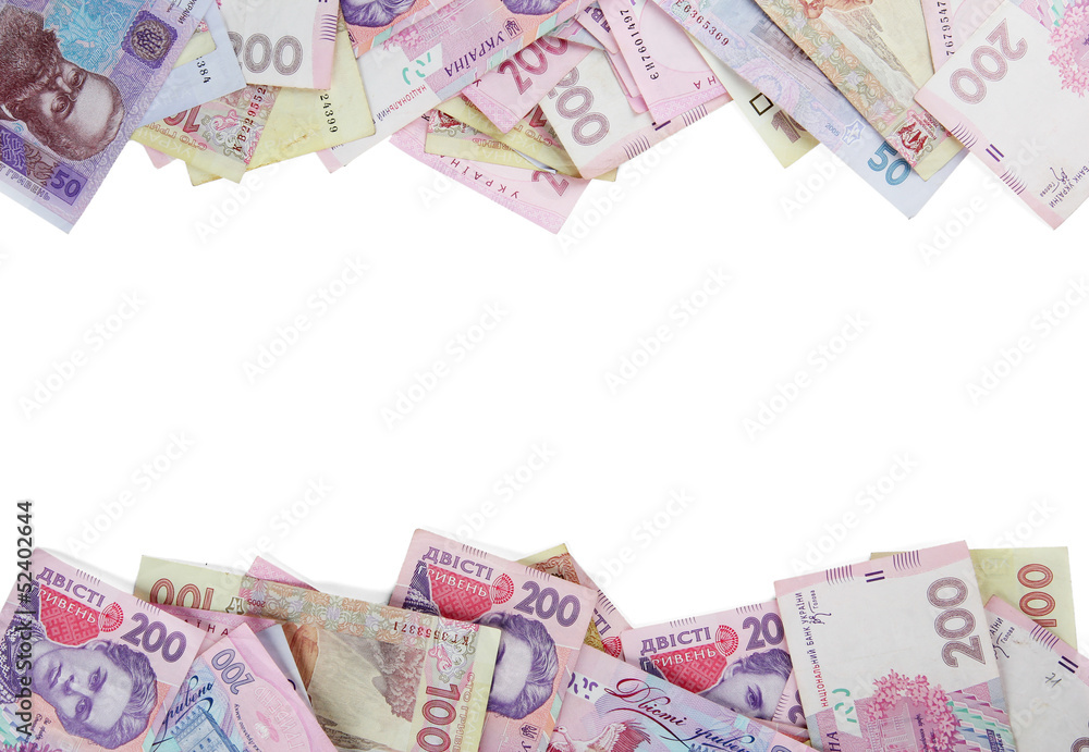 Fototapeta premium Pile of Ukrainian money, isolated on white