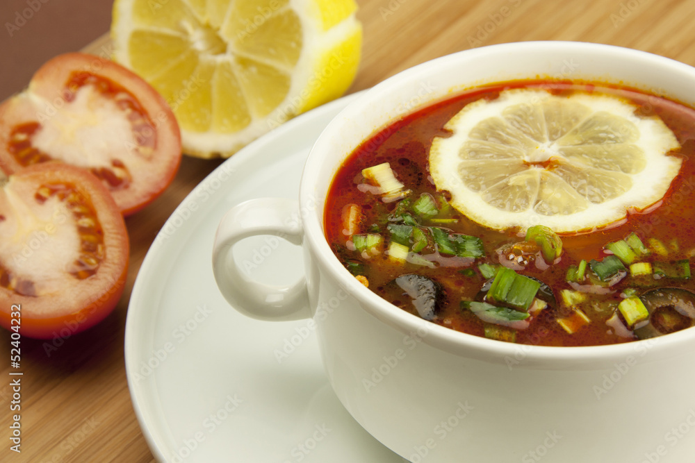 Solyanka, Russian soup with olives and lemon Solyanka, Russian soup with olives and lemon