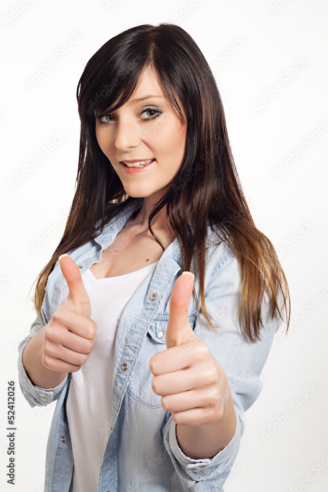 portrait of a beautiful young woman thumbs up portrait of a beautiful young woman thumbs up