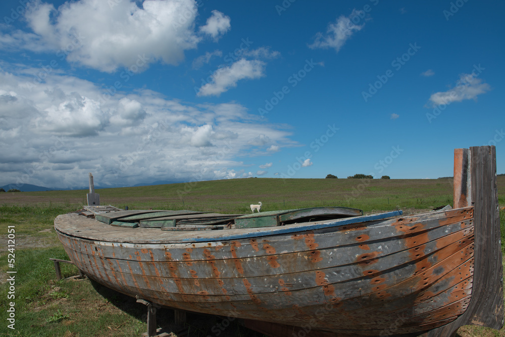 Blue sky and Vintage boat in the prairie