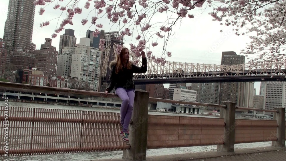 Girl's enjoying cherry blossoms at the Roosevelt Island. Girl's enjoying cherry blossoms at the Roosevelt Island.