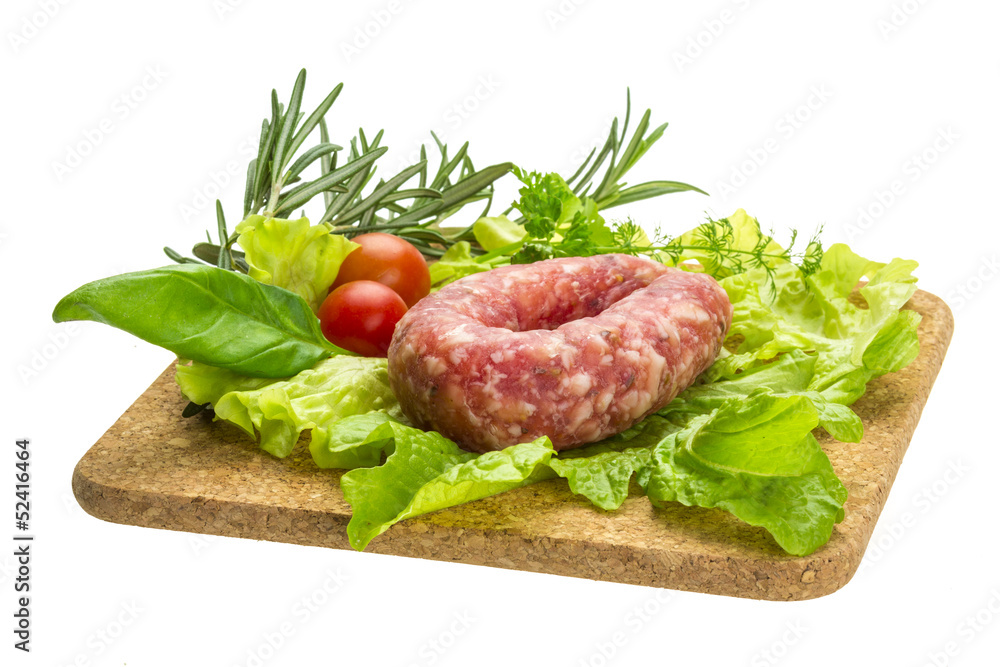 Salami with rosemary, salad and tomatoes Salami with rosemary, salad and tomatoes