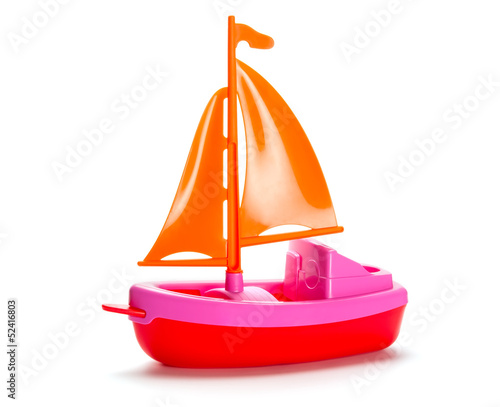 Canvas Print Little plastic toy ship isolated on white