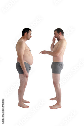 slim man laughs at his fat self