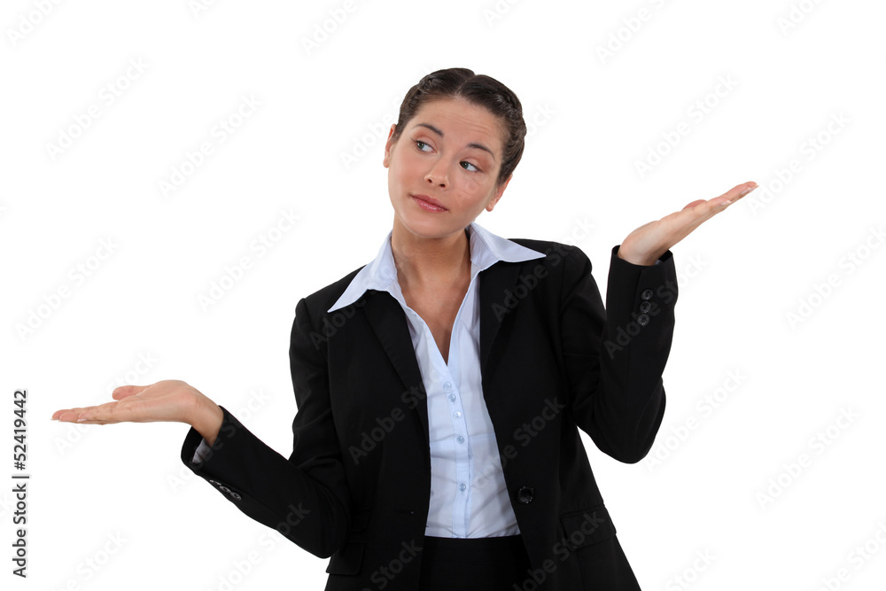 Woman with hands raised palms Woman with hands raised palms