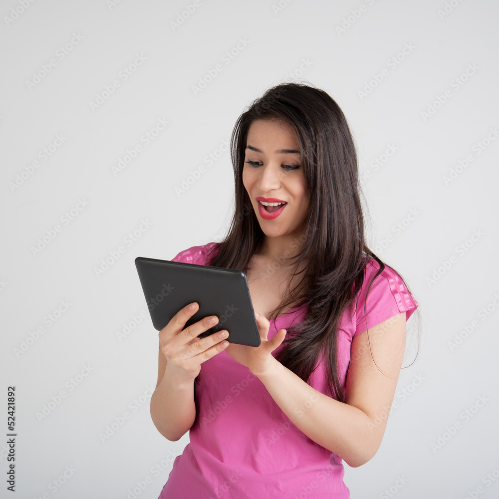 beautiful woman is pleased tablet beautiful woman is pleased tablet