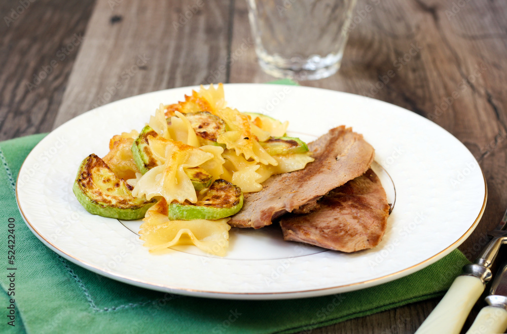 Pasta with fried zucchini and duck breast Pasta with fried zucchini and duck breast