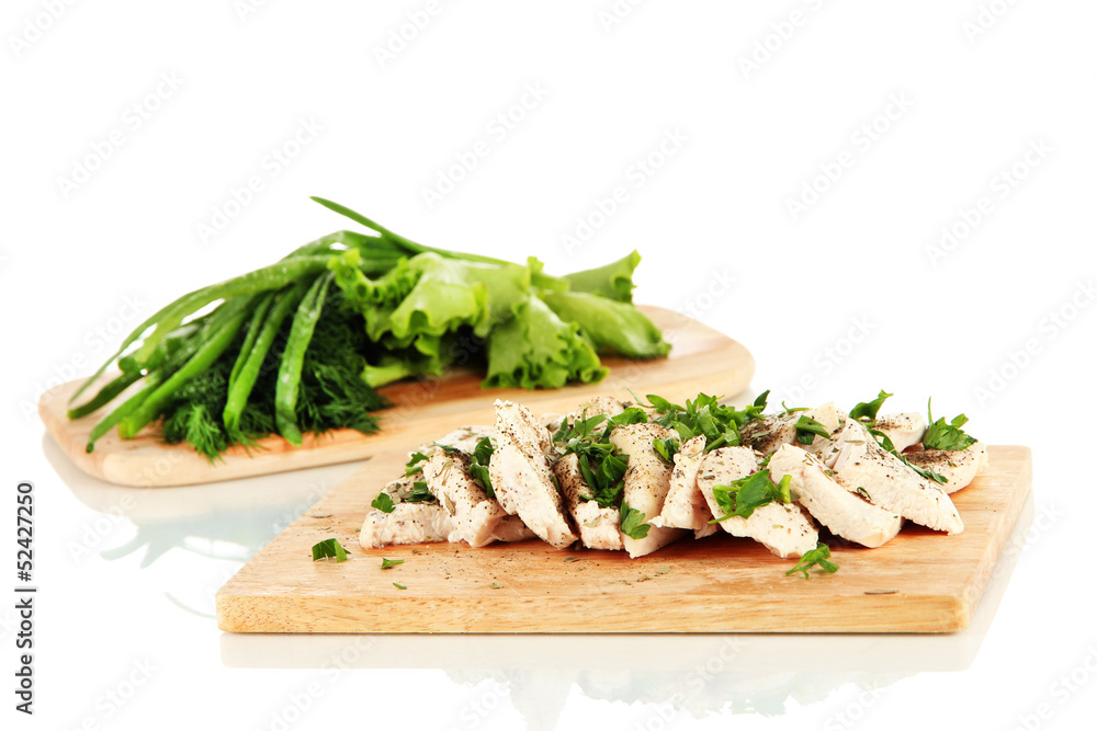 Boiled meat on board isolated on white Boiled meat on board isolated on white