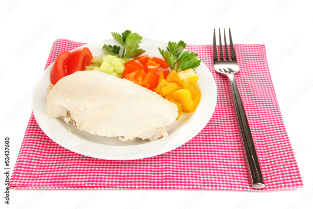 Boiled chicken breast on plate with vegetables isolated on Boiled chicken breast on plate with vegetables isolated on
