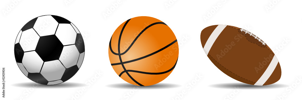 set of three sports balls, soccer, basketball and football