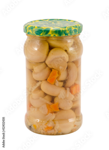 marinated champignon mushrooms glass jar isolated