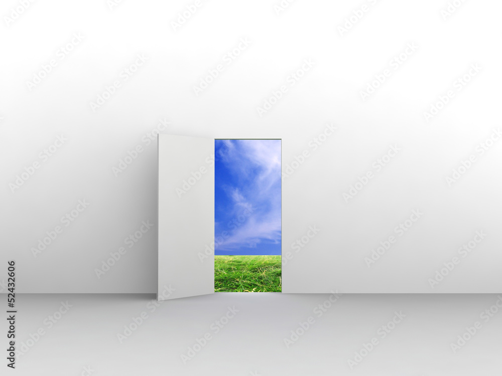 Exit with door to natural landscape. Concept - eco house. Exit with door to natural landscape. Concept - eco house.