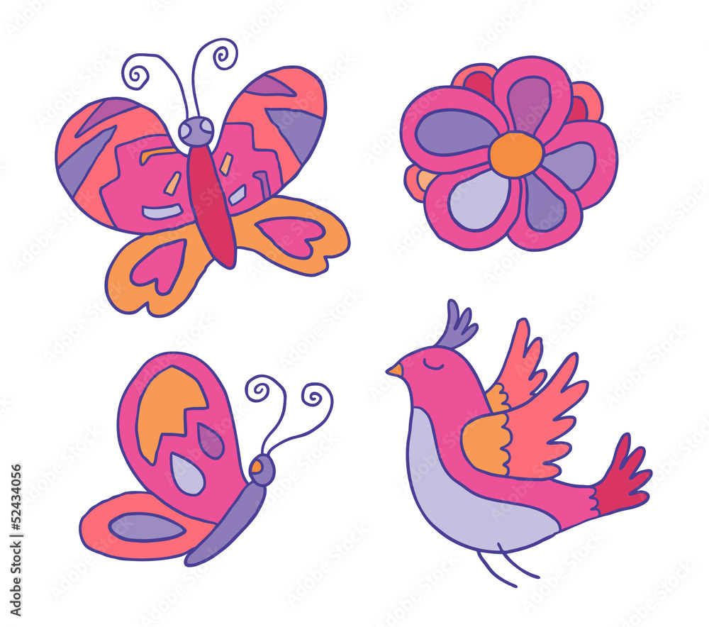 Set of vector decor details - butterflies, bird and flower