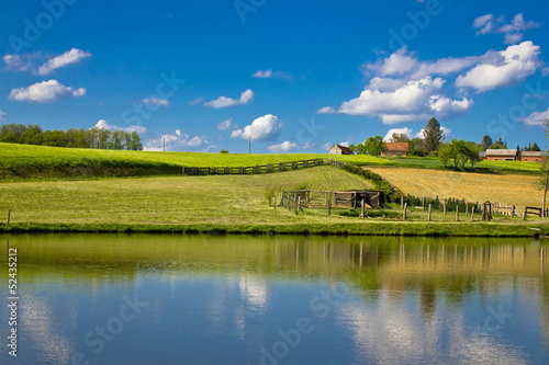 Green landscape and blue lake and sky