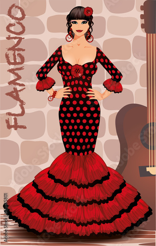Spanish flamenco girl postcard, vector illustration