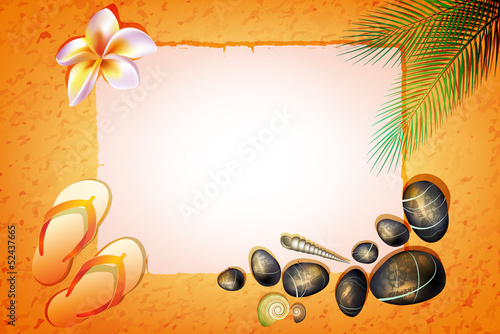 background with stones, Flip-flops, flower and palm