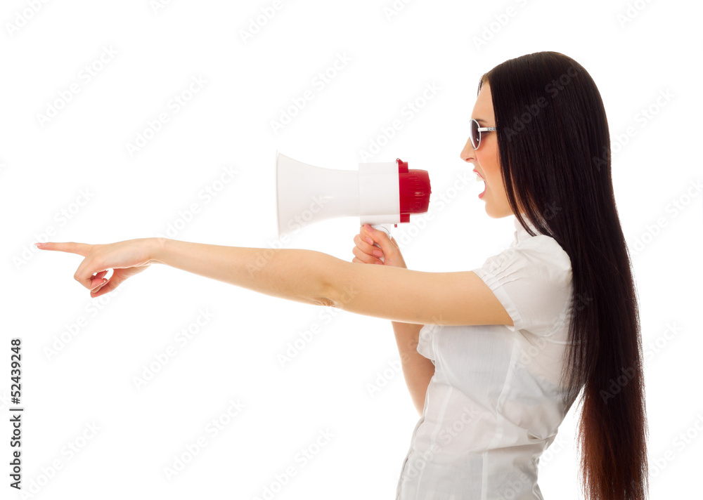 Girl with megaphone shows pointing gesture Girl with megaphone shows pointing gesture