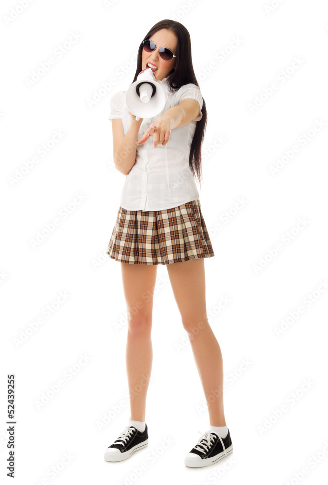 Girl with megaphone shows pointing gesture Girl with megaphone shows pointing gesture