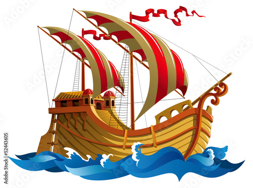 Sailing ship in oceanic waves, vector illustration