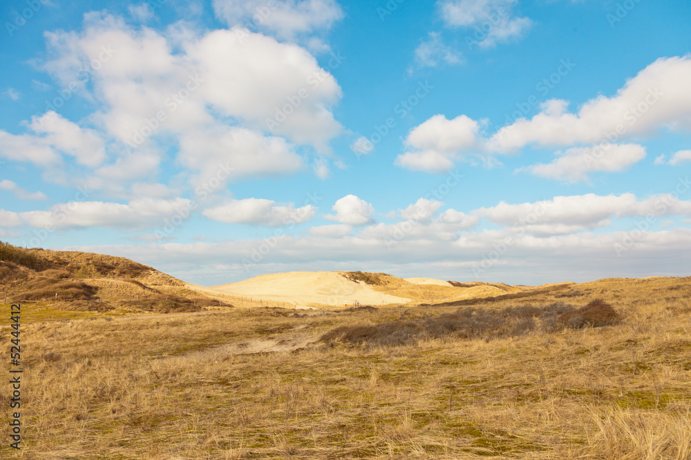 Grassy dune landscape with blue cloudy sky.