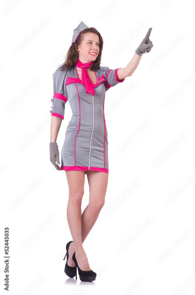 Stewardess pressing virtual buttons in the air Stewardess pressing virtual buttons in the air