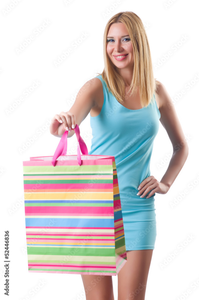Tall girl after good shopping on white Tall girl after good shopping on white