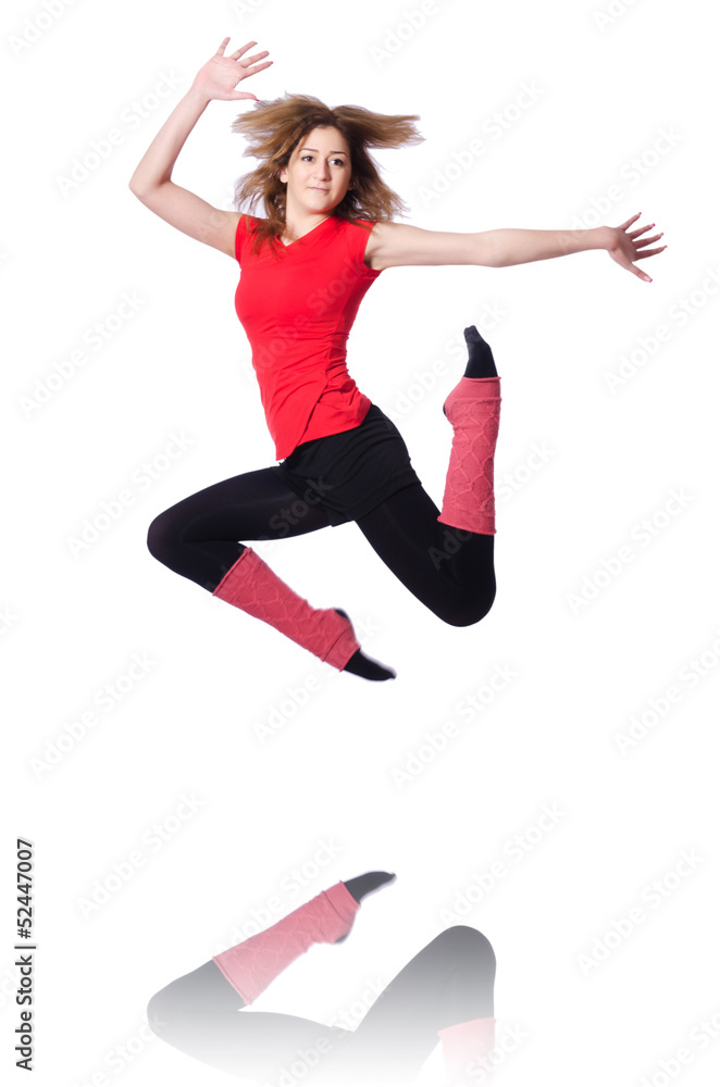Young gymnast exercising on white Young gymnast exercising on white