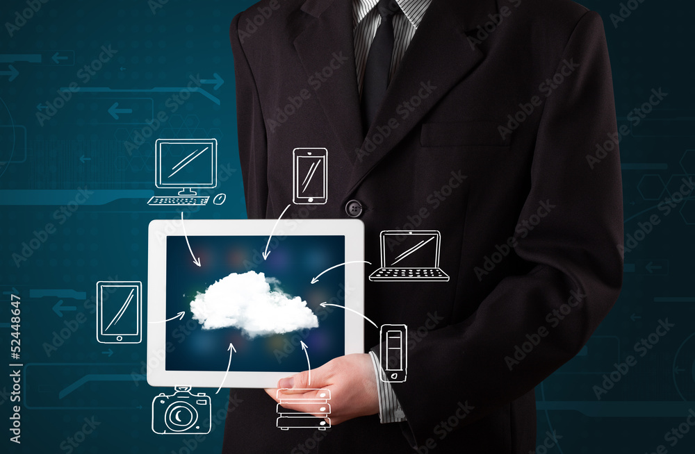 Businessman showing hand drawn cloud computing Businessman showing hand drawn cloud computing