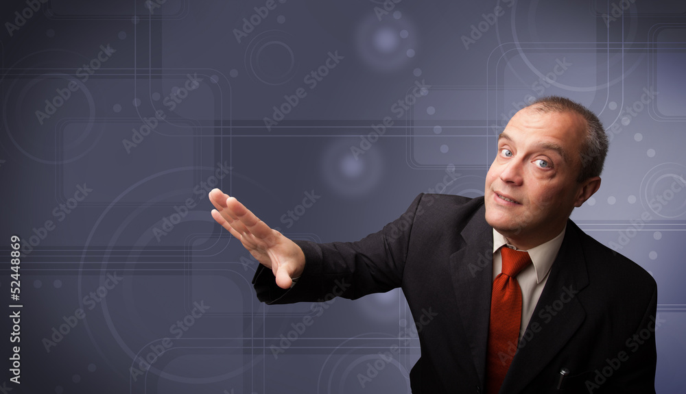 Elegant businessman touching copy space Elegant businessman touching copy space