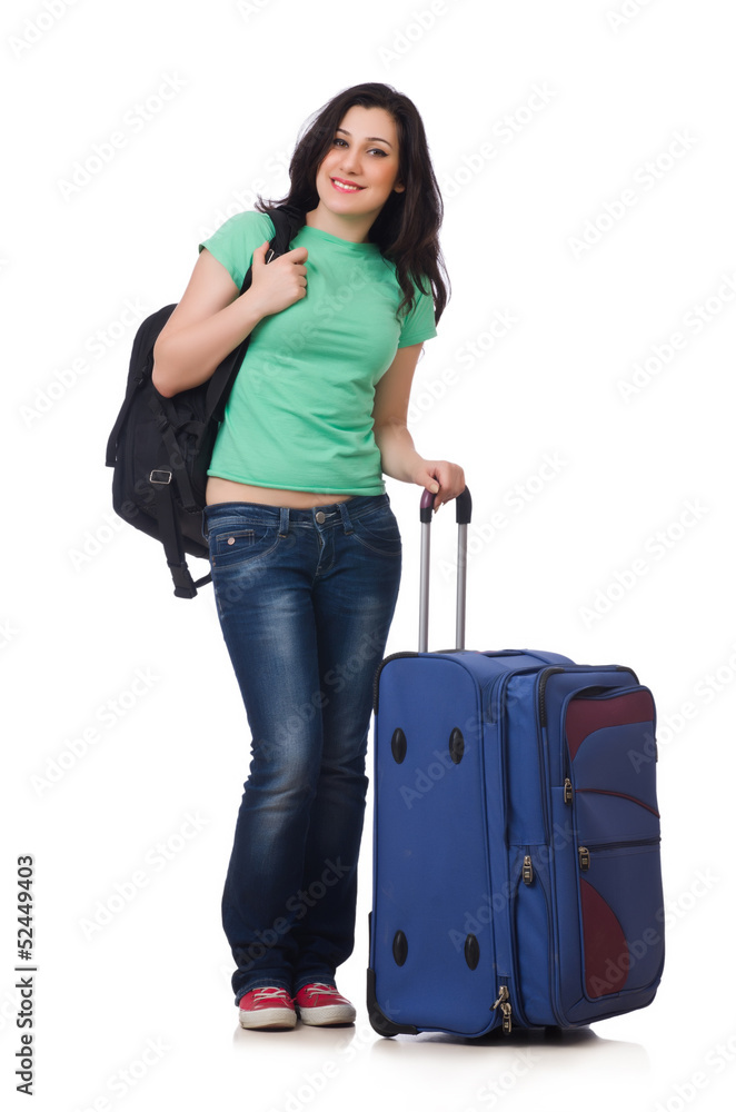 Young woman with suitcase isolated on white Young woman with suitcase isolated on white