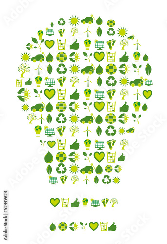 Light bulb filled with bio eco environmental icons and symbols
