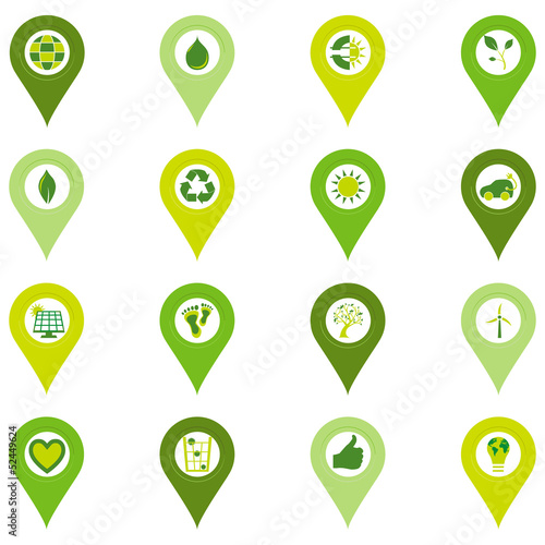 Set of pinpoint icons of bio eco environmental related symbols