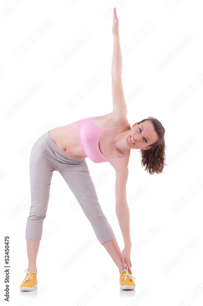 Young woman doing exercises on white Young woman doing exercises on white