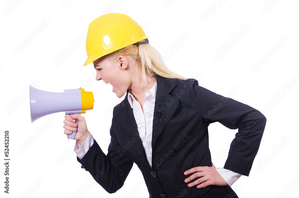 Female construction worker with loudspeaker Female construction worker with loudspeaker