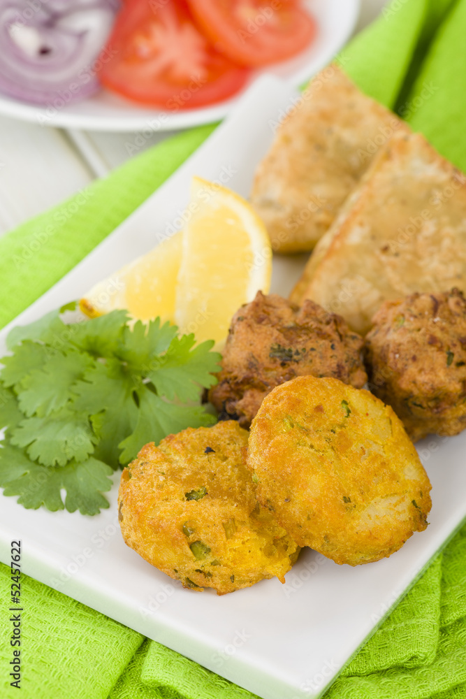 South Asian Starters: Aloo Tikki, Onion Bhaji & Vegetable Samosa South Asian Starters: Aloo Tikki, Onion Bhaji & Vegetable Samosa