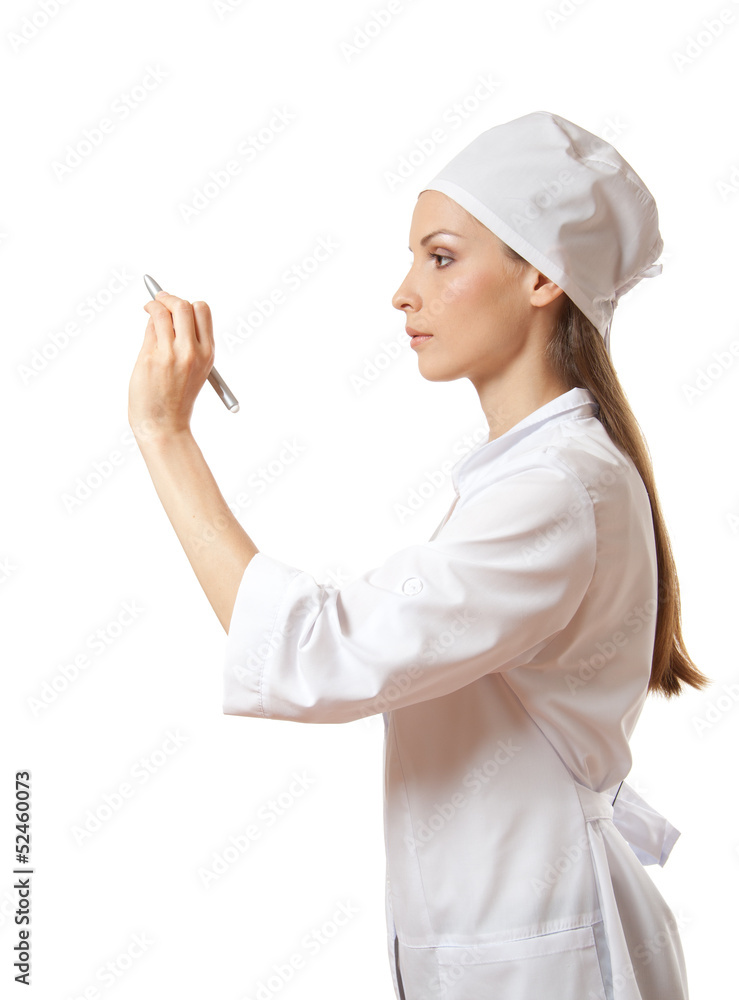 Doctor writing something with marker on glass, isolated om white Doctor writing something with marker on glass, isolated om white