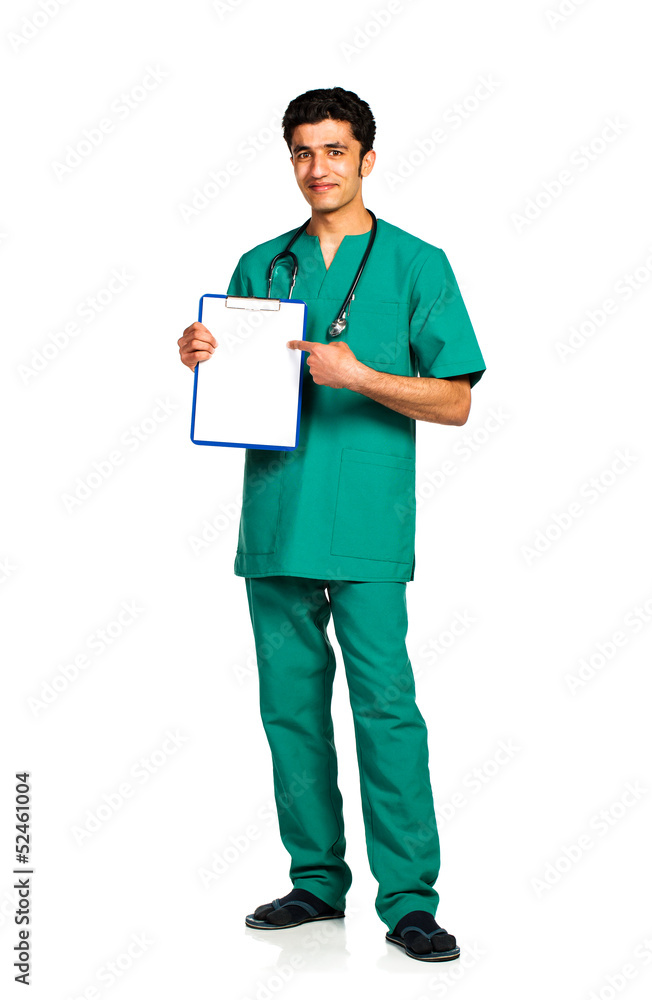 Portrait of doctor with health record on white background