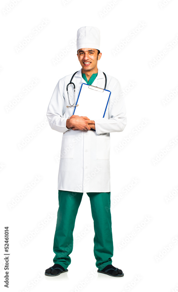 Portrait of doctor with health record on white background Portrait of doctor with health record on white background
