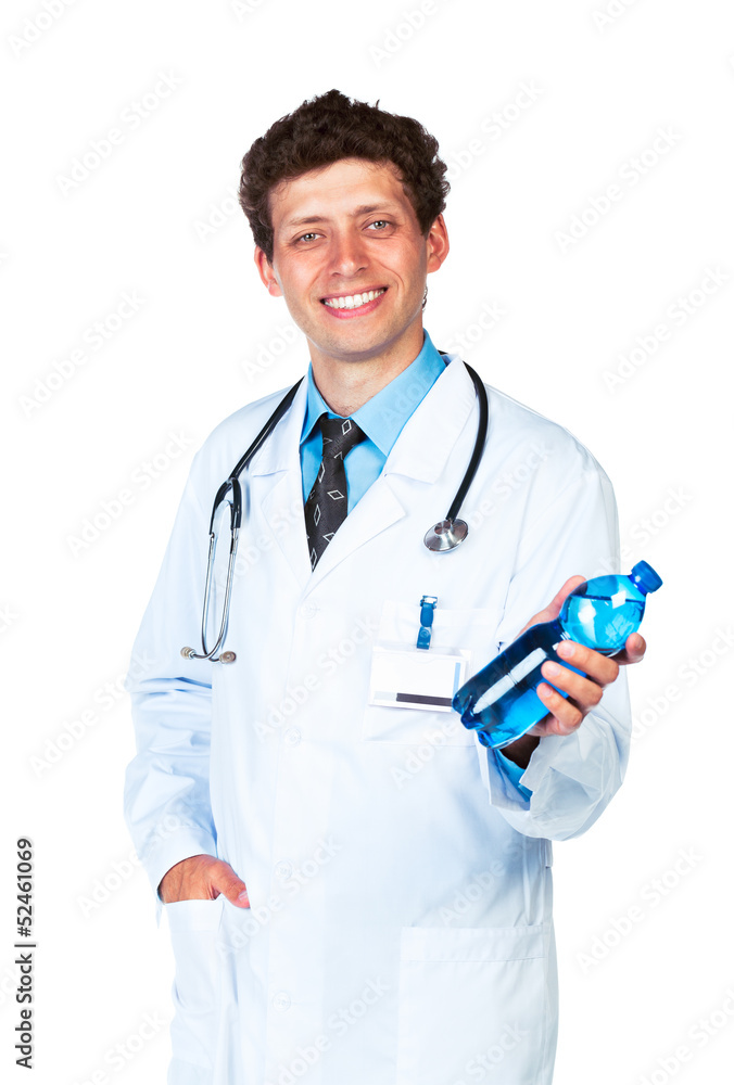 Smiling doctor holding bottle of water on white Smiling doctor holding bottle of water on white
